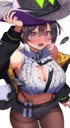 Rule 34 | 1girl, @ @, absurdres, amahara subaru, arm up, black hair, black jacket, black shorts, blush, breasts, brown pantyhose, bursting breasts, buttons, cleavage, collared shirt, commentary request, cowboy shot, crop top, hair between eyes, hand on headwear, hat, highres, indie virtual youtuber, isonade orca, jacket, large breasts, long sleeves, looking at viewer, micro shorts, midriff, multicolored hair, navel, open clothes, open jacket, open mouth, pantyhose, partially unbuttoned, red eyes, red hair, shirt, short hair, shorts, simple background, sleeveless, sleeveless shirt, solo, standing, streaked hair, tears, v-shaped eyebrows, virtual youtuber, white background, witch hat