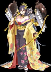 Rule 34 | 1girl, arrow (projectile), bare shoulders, black hair, bow (weapon), breasts, castle, cleavage, crown, emerane, fingerless gloves, full body, gloves, hair between eyes, hair over one eye, holding, holding arrow, holding bow (weapon), holding weapon, japanese clothes, kimono, large breasts, long hair, mole, mole under eye, official art, oshiro project:re, oshiro project:re, red eyes, shachihoko, smile, solo, tamonyama (oshiro project), transparent background, very long hair, weapon, yuujo