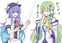 Rule 34 | 2girls, :t, ^ ^, ascot, blue hair, blush stickers, detached sleeves, eating, closed eyes, food, food-themed clothes, frog hair ornament, fruit, gradient hair, green hair, hair ornament, hair tubes, hat, hinanawi tenshi, kenii, kenuu (kenny), kochiya sanae, long hair, multicolored hair, multiple girls, open mouth, outline, peach, pointing, red eyes, snake hair ornament, sword of hisou, touhou, trembling, very long hair