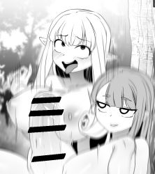 Rule 34 | 2girls, ahegao, blush, breasts, carrying, carrying person, censored, cheong, chun-ja, forest, futanari, greyscale, hands on own hips, huge breasts, huge penis, large breasts, long hair, monochrome, multiple girls, nature, nipples, nude, open mouth, otonashi (otonashi5959), outdoors, penis, pointy ears, smile, stomach bulge, sweat, teeth, testicles, tongue, tongue out, tree, what happens inside the dungeon