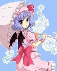 Rule 34 | 1girl, back, bat wings, blue background, blue hair, bow, floral background, flower, frilled skirt, frills, hat, hat ribbon, highres, looking back, mob cap, parasol, puffy sleeves, red eyes, remilia scarlet, ribbon, rose, shirt, short sleeves, simple background, skirt, skirt set, smile, solo, touhou, umbrella, utakata (azaka00), vest, wings, wrist cuffs