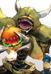 2boys absurdres arthropod_boy burger duel_monster eating food hamburger_recipe_(yu-gi-oh!) hatano_kiyoshi highres holding holding_food hungry_burger man-eater_bug_(yu-gi-oh!) multiple_boys sharp_teeth solo_focus teeth yu-gi-oh!