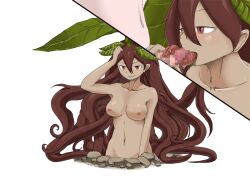 Rule 34 | 1boy, 1girl, blush, bmp-to-png conversion, breasts, brown eyes, brown hair, burrowing, censored, collarbone, completely nude, convenient censoring, cut-in, dark-skinned female, dark skin, dirt, erection, fellatio, game cg, grin, hair between eyes, hair ornament, hand on own head, hand up, hetero, large breasts, leaf, leaf hair ornament, leaf on head, licking, licking penis, long hair, long tongue, looking at viewer, luka (mon-musu quest!), mon-musu quest!, monster girl, mosaic censoring, navel, nipples, non-web source, nude, oral, penis, plant hair, ragora (mon-musu quest!), roots, saliva, setouchi (blackse), simple background, smile, solo focus, tongue, transparent background, upper body, v-shaped eyebrows, very long hair