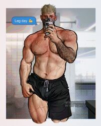 Rule 34 | 1boy, arm tattoo, bara, black shorts, blonde hair, call of duty, call of duty: modern warfare 2, english text, ghost (modern warfare 2), highres, holding, holding phone, large pectorals, male focus, mask, mouth mask, muscular, muscular male, navel, nipples, pectorals, phone, selfie, short hair, shorts, solo, tattoo, twitter username, umikochannart