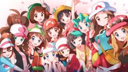 Rule 34 | 6+girls, absurdres, bad id, bad pixiv id, beanie, black hair, blonde hair, brown hair, creatures (company), dawn (pokemon), elaine (pokemon), everyone, eyewear on headwear, game freak, gloria (pokemon), hat, highres, hilda (pokemon), kris (pokemon), leaf (pokemon), looking at viewer, lyra (pokemon), may (pokemon), miyama (yakinikusushi the royal), multiple girls, nintendo, pokemon, pokemon bw, pokemon bw2, pokemon frlg, pokemon gsc, pokemon hgss, pokemon lgpe, pokemon rse, pokemon sm, pokemon swsh, pokemon usum, pokemon xy, selene (pokemon), serena (pokemon), skirt, smile, twintails, v