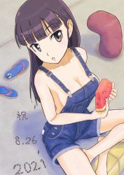 Rule 34 | 1girl, beach, black hair, blush, breasts, brown eyes, cleavage, collarbone, food, fruit, highres, keicha (kmoekaki), large breasts, long hair, looking at viewer, looking up, open mouth, sakamoto mio, shiny skin, solo, strike witches, suspenders, watermelon, world witches series
