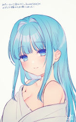 Rule 34 | 1girl, aqua eyes, aqua hair, bare shoulders, blue eyes, blue hair, blunt bangs, blush, breasts, character request, cleavage, cloak, closed mouth, from side, hair behind ear, hair flowing over, hair intakes, honzuki no gekokujou, large breasts, looking at viewer, off shoulder, rinndouk, sidelocks, simple background, smile, solo, upper body, white background