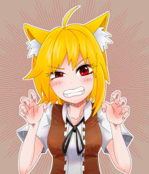 Rule 34 | 1girl, ahoge, animal ear fluff, animal ears, asymmetrical hair, black ribbon, blonde hair, blush, breasts, brown background, brown vest, claw pose, clenched teeth, collared shirt, commentary request, cookie (touhou), emphasis lines, fox ears, fox girl, looking at viewer, medium hair, miramikaru riran, neck ribbon, red eyes, ribbon, shirt, short sleeves, sidelocks, small breasts, solo, teeth, uneven eyes, upper body, vest, white shirt, yan pai