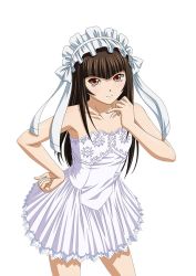 Rule 34 | 00s, 1girl, armpits, brown eyes, brown hair, dress, ikkitousen, long hair, looking at viewer, maid headdress, simple background, smile, solo, strapless, strapless dress, ten&#039;i (ikkitousen), white background, white dress