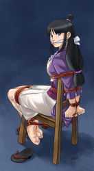Rule 34 | 1girl, ace attorney, barefoot, bdsm, black hair, blue eyes, bondage, bound, bound ankles, bound arms, bound fingers, bound legs, bound wrists, breasts, capcom, cleave gag, cloth gag, feet, gag, gagged, highres, improvised gag, looking at viewer, lost one zero, maya fey, phoenix wright: ace attorney - spirit of justice, shoes, unworn shoes, sideboob, tied to chair