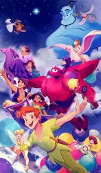 Rule 34 | 5girls, 6+boys, aladdin (character), aladdin (disney), ancient greek clothes, balloon, baymax, big hero 6, black hair, blonde hair, blowing kiss, blue eyes, brown eyes, brown hair, buzz lightyear, cloud, company connection, cowboy hat, crossed arms, curly hair, dark-skinned female, dark-skinned male, dark skin, disney, donkey, dress, dumbo, dumbo (character), elephant, encanto, eve (wall-e), fairy, fairy wings, flying animal, genie, genie (aladdin), greco-roman clothes, green dress, green footwear, green tunic, hair bun, hat, hercules (1997 film), hercules (disney), highres, hiro hamada, holding, jasmine (disney), long hair, long sleeves, looking at viewer, luisa madrigal, magic carpet, melchencanto, mini person, mirabel madrigal, multiple boys, multiple girls, muscular, muscular female, open mouth, orange hair, outstretched arms, pegasus, pegasus (disney), pegasus wings, peter pan (character), peter pan (disney), pointy ears, robot, sheriff woody, shirt, short hair, single hair bun, smile, spread arms, star (sky), star (wish (disney)), teeth, tinker bell (disney), toy story, tunic, unicorn horn, upper teeth only, wall-e, wall-e (character), wings