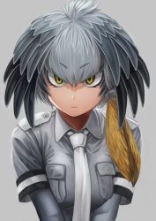 Rule 34 | 10s, 1girl, bird wings, black gloves, black hair, bodystocking, breast pocket, breasts, closed mouth, collared shirt, expressionless, feathered wings, gloves, green eyes, grey background, grey shirt, hair between eyes, hair ornament, hair tie, head wings, highres, kemono friends, long hair, low ponytail, medium breasts, multicolored hair, necktie, orange hair, pocket, shirt, shoebill (kemono friends), short sleeves, side ponytail, silver hair, simple background, sleeve cuffs, solo, tsurime, two-tone hair, upper body, v arms, white necktie, wing collar, wings, yamaneko (tkdrumsco)
