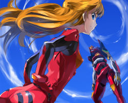 Rule 34 | 00s, 1girl, andou shuki, ass, bad id, bad pixiv id, blue eyes, blue sky, bodysuit, breasts, brown hair, cloud, cowboy shot, day, dutch angle, eva 02, evangelion: 2.0 you can (not) advance, floating hair, from below, from side, gloves, half updo, hands on own hips, light smile, long hair, looking at viewer, mecha, neon genesis evangelion, orange hair, outdoors, pilot suit, plugsuit, profile, rebuild of evangelion, red hair, robot, shiny clothes, sky, small breasts, smile, souryuu asuka langley, turtleneck, very long hair, werk, wide hips