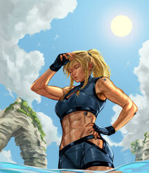 Rule 34 | 1girl, abs, closed eyes, fingerless gloves, gloves, hand on own hip, highres, long hair, max kay, metroid, muscular, muscular female, nintendo, ocean, ponytail, samus aran, short shorts, shorts, sky, solo, sun, sweat, tank top