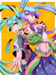 Rule 34 | 2girls, :p, absurdres, ahoge, arcade sona, azure (capriccio), blue eyes, blue hair, breasts, cleavage, crossover, green hair, hair ornament, hatsune miku, highres, jewelry, league of legends, multiple girls, navel, necklace, necktie, skirt, smile, sona (league of legends), star (symbol), star hair ornament, tattoo, tongue, tongue out, twintails, vocaloid