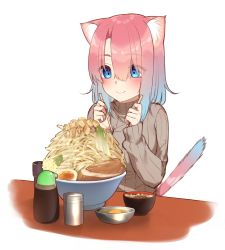 Rule 34 | 1girl, animal ear fluff, animal ears, blue eyes, blue hair, blush, bowl, brown sweater, cat ears, cat girl, cat tail, chopsticks, closed mouth, egg, eyes visible through hair, food, go-1, gradient hair, hair between eyes, hands up, highres, holding, holding chopsticks, long sleeves, multicolored hair, original, pink hair, ribbed sweater, simple background, sleeves past wrists, smile, solo, sweater, tail, upper body, white background