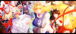 Rule 34 | 3girls, ako (opelia), animal ear fluff, animal ears, animal hat, blonde hair, blush, breasts, brown eyes, brown hair, cat ears, cat tail, chen, commentary request, dress, earrings, fox ears, fox tail, frills, hat, holding, holding umbrella, jewelry, large breasts, letterboxed, long hair, looking at viewer, mob cap, multiple girls, multiple tails, nekomata, parasol, mob cap, purple eyes, red dress, short hair, single earring, smile, tabard, tail, touhou, two tails, umbrella, yakumo ran, yakumo yukari