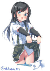 Rule 34 | 1girl, asashio (kancolle), black hair, blue eyes, blush, clothes lift, ebifurya, gloves, highres, kantai collection, long hair, looking at viewer, miniskirt, open mouth, panties, pussy, school uniform, shirt, simple background, skirt, skirt lift, solo, suspender skirt, suspenders, twitter username, underwear, white background, white gloves, white shirt