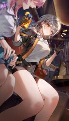 2girls absurdres bare_shoulders belt black_gloves black_jacket black_skirt blue_jacket blue_skirt blush breasts camera cup gloves grey_hair gz_(gyoju) highres honkai:_star_rail honkai_(series) jacket long_sleeves march_7th_(honkai:_star_rail) march_7th_(preservation)_(honkai:_star_rail) medium_breasts medium_hair multiple_girls off_shoulder open_clothes open_jacket pink_hair shirt sitting skirt stelle_(honkai:_star_rail) thighs trailblazer_(honkai:_star_rail) white_shirt yellow_eyes