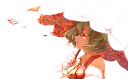 Rule 34 | 1girl, ascot, backlighting, flower, green hair, juliet sleeves, kazami yuuka, long sleeves, open clothes, open vest, parasol, petals, profile, puffy sleeves, red eyes, shirt, solo, touhou, umbrella, upper body, vest, yetworldview kaze