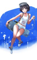 Rule 34 | 1girl, air bubble, black hair, boots, border, brown eyes, bubble, collarbone, commentary, diving, diving mask, diving mask on head, flotation belt, freediving, full body, goggles, goggles on head, grey hair, highres, kantai collection, kibitarou, machinery, maru-yu (kancolle), one-piece swimsuit, school swimsuit, short hair, smile, solo, submerged, swimming, swimsuit, thick eyebrows, underwater, water, white border, white one-piece swimsuit