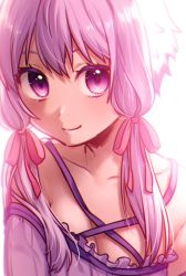 Rule 34 | 1girl, ai kusunoki, backlighting, breasts, cleavage, closed mouth, criss-cross halter, detached sleeves, frills, hair ribbon, halterneck, looking at viewer, pink ribbon, purple eyes, purple hair, ribbon, short hair with long locks, sidelocks, simple background, small breasts, smile, solo, tress ribbon, upper body, vocaloid, voiceroid, white background, yuzuki yukari