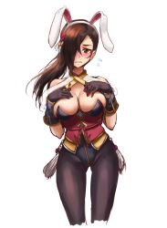 Rule 34 | 1girl, animal ear hairband, animal ears, athenawyrm, black pantyhose, blush, breasts, brown hair, cleavage, fake animal ears, fire emblem, fire emblem fates, fire emblem heroes, frown, gluteal fold, hair over one eye, kagero (fire emblem), kagero (spring) (fire emblem), large breasts, leotard, nintendo, official alternate costume, pantyhose, playboy bunny, rabbit ear hairband, rabbit ears, solo, standing, thigh gap