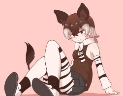 Rule 34 | 1girl, absurdres, animal ear fluff, bare shoulders, black shorts, bow, bowtie, brown hair, brown shirt, commentary, detached sleeves, extra ears, hair between eyes, highres, kemono friends, looking at viewer, multicolored hair, okapi (kemono friends), okapi ears, okapi tail, pantyhose, pantyhose under shorts, pink background, print pantyhose, print sleeves, shirt, short shorts, shorts, simple background, sitting, sleeveless, sleeveless shirt, smile, solo, tail, totori (ttr oti), two-tone hair, white bow, white bowtie, white hair