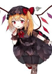 Rule 34 | 1girl, alternate costume, ascot, black dress, black thighhighs, blonde hair, blush, breasts, commentary request, crystal, dress, feet out of frame, flandre scarlet, garter straps, gem, hat, laevatein (tail), looking at viewer, mob cap, nail polish, pointy ears, puffy short sleeves, puffy sleeves, red ascot, red eyes, red gemstone, red nails, sakizaki saki-p, short sleeves, side ponytail, simple background, small breasts, solo, standing, standing on one leg, tail, thighhighs, tongue, tongue out, touhou, white background, wings, wrist cuffs