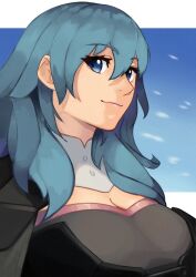 Rule 34 | 1girl, blue eyes, blue hair, breasts, byleth (female) (fire emblem), byleth (fire emblem), cleavage, fire emblem, fire emblem: three houses, grimmlocke10k, large breasts, long hair, looking at viewer, nintendo, smile, solo, upper body