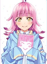 Rule 34 | :&gt;, ^ ^, ahoge, blue jacket, blush, closed eyes, commentary request, confetti, dot nose, eyelashes, hands up, highres, holding, holding sketchbook, hood, hooded jacket, jacket, long sleeves, looking at viewer, love live!, love live! nijigasaki high school idol club, ojyomu, open clothes, open jacket, pink hair, rina-chan board, shirt, short hair, sidelocks, signature, sketchbook, sleeves past fingers, sleeves past wrists, smile, solo, tennoji rina, white background, white shirt, wing collar, yellow eyes