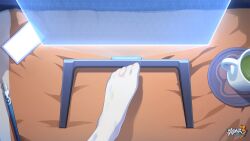 Rule 34 | 1girl, chinese commentary, cup, drink, feet, female pov, griseo, griseo (cosmic expression), highres, honkai (series), honkai impact 3rd, logo, official art, official wallpaper, paintbrush, pov, screen, solo