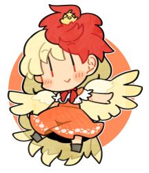 Rule 34 | 1girl, animal, animal on head, bird, bird on head, bird tail, bird wings, black footwear, blonde hair, blush, boots, chick, closed mouth, dress, feathered wings, full body, highres, ini (inunabe00), multicolored hair, niwatari kutaka, on head, orange dress, red eyes, red hair, shirt, short hair, short sleeves, smile, solo, tail, touhou, two-tone hair, white shirt, wings, yellow wings