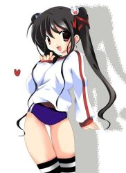 Rule 34 | 1girl, animal hair ornament, artist request, black hair, black thighhighs, blue buruma, brown eyes, buruma, cat hair ornament, gym uniform, hair ornament, hair ribbon, heart, kooh, long hair, long sleeves, looking at viewer, open mouth, pangya, ribbon, single vertical stripe, smile, solo, standing, striped clothes, striped thighhighs, sweater, thighhighs, twintails, white background, white sweater