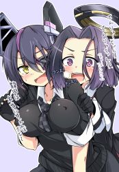 Rule 34 | 10s, 2girls, :d, arm grab, black gloves, blush, breasts, checkered clothes, checkered necktie, checkered neckwear, collared shirt, covered erect nipples, cowboy shot, eyepatch, fang, fangs, fingerless gloves, gloves, grabbing, grabbing from behind, hair between eyes, hair intakes, halo, headgear, heavy breathing, impossible clothes, kantai collection, large breasts, long sleeves, mechanical halo, miyamaru, mole, mole under eye, multiple girls, necktie, open mouth, outline, purple eyes, purple hair, shirt, short hair, short sleeves, simple background, sleeve cuffs, sleeves rolled up, smile, sweatdrop, sweater, tatsuta (kancolle), tenryuu (kancolle), yellow eyes