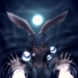 Rule 34 | 1girl, animal ears, blue dress, blue hair, blush, rabbit ears, collarbone, commentary request, crying, crying with eyes open, dress, full moon, miata (miata8674), moon, night, red eyes, reflection, sad, seiran (touhou), soaking hands, solo, tears, touhou, water