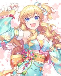 Rule 34 | 1girl, :d, alternate costume, arm up, blonde hair, blue eyes, bow, collarbone, commentary request, detached sleeves, earrings, flower knot, fur trim, hair ornament, highres, idolmaster, idolmaster cinderella girls, idolmaster cinderella girls starlight stage, japanese clothes, jenevan, jewelry, kimono, long hair, long sleeves, looking at viewer, nail polish, obi, ohtsuki yui, one side up, open mouth, petals, pink bow, pink nails, polka dot, polka dot bow, sash, smile, solo, teeth, upper teeth only, wide sleeves