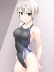 Rule 34 | 1girl, arms behind back, black eyes, black one-piece swimsuit, blue one-piece swimsuit, breasts, breasts apart, collarbone, competition swimsuit, covered navel, cowboy shot, from side, grey background, hair between eyes, idolmaster, idolmaster cinderella girls, legs together, looking at viewer, medium breasts, one-piece swimsuit, parted bangs, pataneet, shiomi syuko, short hair, silver hair, simple background, skin tight, smile, solo, standing, swimsuit