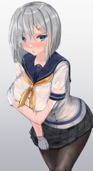 Rule 34 | 1girl, arm under breasts, blue eyes, blush, breasts, gin&#039;ichi (akacia), gloves, grey hair, hair ornament, hair over one eye, hairclip, hamakaze (kancolle), kantai collection, large breasts, looking at viewer, neckerchief, pantyhose, pleated skirt, school uniform, serafuku, short hair, short sleeves, simple background, skirt, skirt hold, solo, wet, wet clothes, white gloves