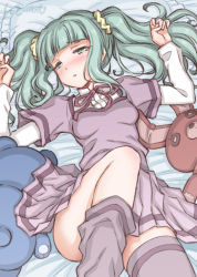 Rule 34 | 1girl, arms at sides, artist name, bed, bed sheet, blunt bangs, blush, breasts, center frills, dot nose, eyelashes, feet out of frame, frills, from below, furrowed brow, futaba sana, green eyes, green hair, grey thighhighs, half-closed eyes, hand rest, head tilt, high collar, knee up, layered sleeves, unworn legwear, long eyelashes, long sleeves, looking at viewer, loose thighhigh, lying, magia record: mahou shoujo madoka magica gaiden, mahou shoujo madoka magica, messy hair, mizuna girls&#039; academy school uniform, neck ribbon, on back, on bed, parted lips, pillow, pleated skirt, purple ribbon, purple skirt, ribbon, school uniform, scrunchie, short over long sleeves, short sleeves, shy, sidelocks, skirt, small breasts, solo, studiozombie, stuffed animal, stuffed rabbit, stuffed toy, teddy bear, thighhighs, thighs, twintails, underboob, wavy hair, yellow scrunchie, zettai ryouiki