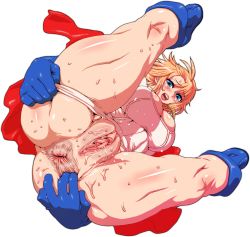 Rule 34 | 1girl, anus, blonde hair, blue eyes, breasts, cape, cleavage, clitoris, dc comics, gloves, nezunezu, power girl, pussy, pussy juice, spread anus, sweat, thick thighs, thighs, uncensored