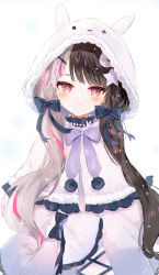 Rule 34 | 1girl, animal ears, animal hood, black bow, black hair, blush, bow, closed mouth, coat, commentary request, crescent, crescent hair ornament, fake animal ears, fur-trimmed coat, fur trim, grey hair, hair bow, hair ornament, highres, hood, long hair, looking at viewer, low twintails, multicolored hair, nijisanji, purple bow, rabbit ears, rabbit hood, red eyes, red hair, smile, solo, split-color hair, star (symbol), star hair ornament, streaked hair, toufu mentaru zabuton, twintails, two-tone hair, very long hair, virtual youtuber, white background, white coat, yorumi rena, yorumi rena (3rd costume)