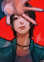 1girl absurdres black_eyes black_hair commentary earrings green_jacket hand_up highres jacket jewelry lip_piercing long_sleeves nose_piercing one_eye_covered parted_lips piercing portrait red_background se-mi_(squid_game) shirt short_hair signature simple_background solo squid_game wuuulim