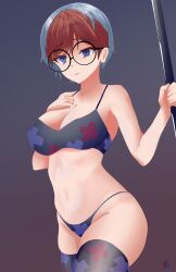 Rule 34 | 1girl, absurdres, bare shoulders, bikini, blue eyes, breasts, cleavage, collarbone, cowboy shot, creatures (company), daawnu, game freak, glasses, gradient background, hand on own chest, highres, large breasts, looking at viewer, multicolored hair, navel, nintendo, penny (pokemon), pokemon, pokemon sv, pole, print bikini, red hair, self-upload, short hair, signature, solo, standing, stomach, swimsuit, thighhighs, thighs, two-tone hair