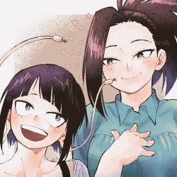 Rule 34 | 2girls, black eyes, black hair, blush, boku no hero academia, breasts, brown background, casual, cheek poking, closed mouth, collarbone, couple, film grain, height difference, highres, jirou kyouka, large breasts, long hair, looking at another, mon hrak, multiple girls, open mouth, outside border, petals, poking, short hair, simple background, twitter username, watermark, white background, yaoyorozu momo, yuri