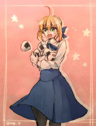 Rule 34 | 1girl, ahoge, artoria pendragon (all), artoria pendragon (fate), black pantyhose, blonde hair, blouse, bow, fate/stay night, fate (series), food, green eyes, hair bow, holding, holding food, mozu (teluto), onigiri, open mouth, pantyhose, ribbon, saber (fate), shirt, skirt, solo