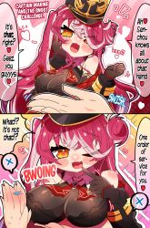 Rule 34 | 1girl, 2koma, :3, absurdres, bare shoulders, black gloves, black headwear, black jacket, black legwear, blush, blush stickers, breasts, comic, fang, gloves, gradient background, hair bun, hat, heart, hetero, highres, hololive, hololive fantasy, houshou marine, impossible clothes, jacket, large breasts, leotard, long hair, looking at viewer, multicolored hair, naughty face, off shoulder, one eye closed, open mouth, pink background, pink hair, pov, red background, red eyes, red hair, sakuramochi (sakura frappe), shiny clothes, side ponytail, skindentation, smile, snoot challenge, speech bubble, striped, striped background, text focus, tongue, translated, two-tone hair, upper body, virtual youtuber, wink, yellow background, yellow eyes