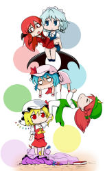 Rule 34 | 6+girls, balancing, bat wings, blonde hair, blue eyes, blue hair, book, braid, carrying, chibi, circle, expressionless, face down, female focus, flandre scarlet, head wings, hong meiling, human tower, izayoi sakuya, jitome, kinokodake, koakuma, long hair, long sleeves, lying, multiple girls, no nose, no pupils, open mouth, own hands together, pants, patchouli knowledge, princess carry, purple hair, red eyes, red hair, remilia scarlet, short sleeves, sitting, sitting on person, stacking, standing on person, stepped on, sweatdrop, touhou, wings