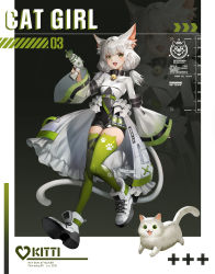 Rule 34 | 1girl, :d, absurdres, animal ear fluff, animal ear legwear, animal ears, bell, belt buckle, blunt bangs, border, buckle, cat, cat ear legwear, cat ears, cat girl, cat tail, chungla, coat, commentary, dated, energy gun, english text, fang, frilled coat, frills, full body, gradient background, green eyes, green thighhighs, gun, hair intakes, halftone, hand up, handgun, high collar, high tops, highres, holding, holding gun, holding weapon, holster, jingle bell, long hair, long sleeves, looking at viewer, low twintails, open mouth, original, outside border, paw print, pet food, pocket, raised eyebrows, ray gun, science fiction, shoelaces, shoes, sidelocks, skin fang, skin tight, skindentation, sleeves past wrists, smile, sneakers, solo, symbol-only commentary, tail, thighhighs, twintails, walking, weapon, white border, white coat, white footwear, white hair, white tail, wide sleeves, zettai ryouiki, zipper