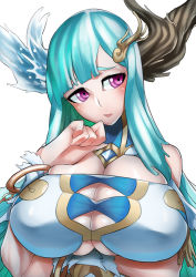 Rule 34 | 1girl, aqua hair, ars paulina (p&amp;d), asymmetrical horns, bare shoulders, blue hair, blunt bangs, bracelet, breast hold, breasts, bursting breasts, cleavage, cleavage cutout, clenched hand, clothing cutout, hair ornament, hand on own chest, head tilt, horns, huge breasts, ion (cation), jewelry, large breasts, long hair, looking away, mismatched horns, no bra, open mouth, parted bangs, purple eyes, puzzle &amp; dragons, raised eyebrows, simple background, skindentation, solo, upper body, very long hair, white background, wrist cuffs